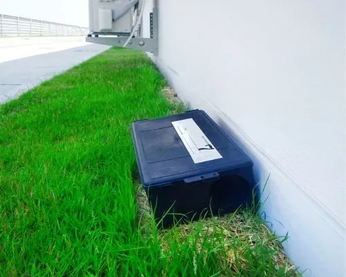 Mouse trap placed on the side of a home in Southern California for rodent control